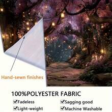 1 Magic Forest Tapestry - Charming Purple Cherry Blossom Tree And Glowing Lantern Wall Decoration, Horizontal Fantasy Landscape Painting, Suitable For Living Room, Bedroom, Studio Background Tapestry, No Power Required, Easy To Hang And Install, Suitable For Both Indoor And Outdoor Use, High-Quality Printing, Mysterious Atmosphere, Home Decoration, Event Arrangement - 彩色 - 查看 6