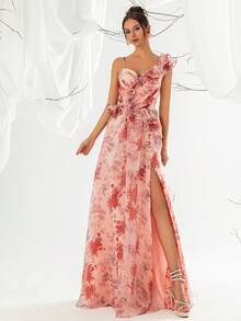 VIPGIRL Floral Print Mesh Ruffle Trim Asymmetric Neck Evening Maxi Dress - Rusty Rose - View 4