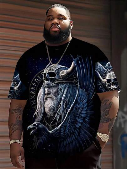 Plus Size Men's Odin Warrior Viking Style 3D Print T-Shirt - Casual Crew Neck, Short Sleeve, Regular Fit, 100% Polyester Knit Fabric, Stretchy, Nordic Mythology Design