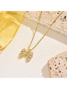 1件不锈钢立方氧化锆蝴蝶结吊坠项链，别致浪漫，时尚百搭，是送给女性的礼物，适合街头、日常、假日、派对等场合（OPP袋包装） - 金黃色 - 查看 6