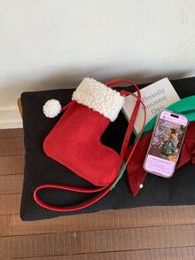 1 Peça Bolsa de Ombro Aberto com Patch de Pelúcia e Falso Camurça com Design de Bota para Meninas, Bolsa Transversal Adequada para Outono/Inverno, Festa de Natal