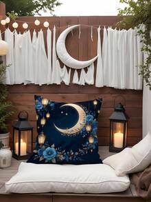 1pc/4pcs Ramadan Polyester Printed Cushion Cover, Blue Moon Flower Cushion Cover, Pillow Pad, Room Decor, Bedroom Decor, Sofa Chair Decoration (Without Pillow Insert) - Multicolor - View 12