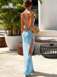 性感针织露背透视开衩吊带长裙泳装罩衫度假连衣裙夏季海滩 - 霧霾藍 - 查看 5