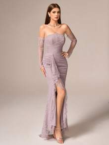 VIPGIRL Luxury Elegant Women's Long Lace Dress, Strapless Off Shoulder With Ruffles Slim Fit For Evening Party, Valentine's Day Wedding Spring - Dusty Pink - View 7