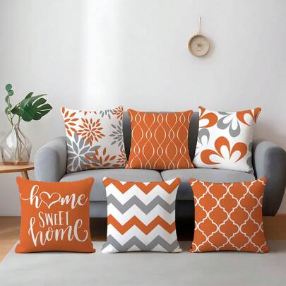 6 piezas Fundas de cojín minimalistas diarias con diseño geométrico naranja "Home Sweet", de tela de terciopelo melocotón suave por un solo lado, en tamaños 45*45/50*50/40*40CM para decoración interior, fiestas y regalos