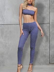 DOUCIU 时尚波点印花露背上衣和裤子性感两件套派对装 - 藍色 - 查看 3