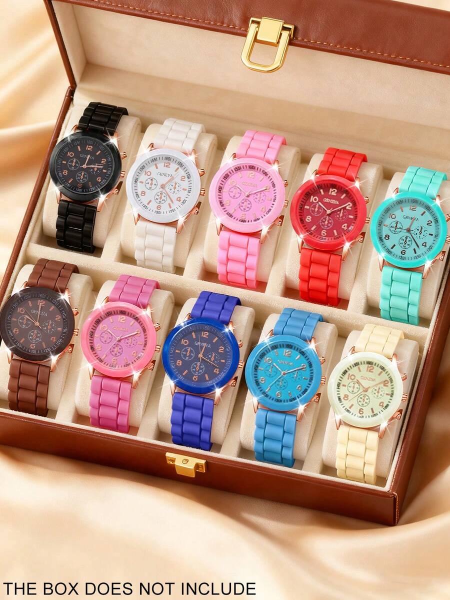 10pcs Minimalist Casual Women's Quartz Watches, A Colorful Dopamine-Inspired Watch Set For Women, Featuring Black/White/Pink/Red/Blue And Other Colored Straps Paired With Matching Dials, Perfectly Showcasing A Sweet And Cool Dopamine-Style Vibrant Feel. - Multicolor - View 1