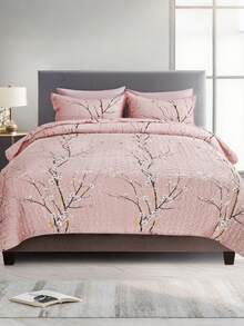 2/3PC Floral Printed Quilted Quilt 1PC Quilted Quilt + 1/2PCS Pillowcase Soft And Breathable Machine Washable Essential Items For The Bedroom Hypoallergenic Materials Soft Fabric Bedding Comfortable Bedspread Living In A Small Space Twin/Queen/King - 粉色 - 查看 2