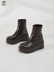 DESAI 1 Pair Women's Chunky Heel Chelsea Ankle Boots, British Style Short Boots, High Heel Boots With Side Zipper Design - Dark Brown - View 5