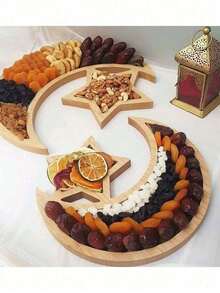 1 pieza de madera de paulonia con diseño de luna y estrella, 1 pieza de madera con diseño de estrella, adecuado para decorar reuniones familiares, decoraciones, frutas y dulces, mesas centrales de banquetes, platos de comedor, decoraciones