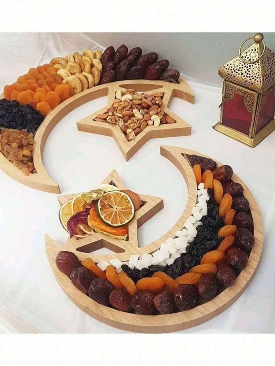 1 pieza de madera de paulonia con diseño de luna y estrella, 1 pieza de madera con diseño de estrella, adecuado para decorar reuniones familiares, decoraciones, frutas y dulces, mesas centrales de banquetes, platos de comedor, decoraciones