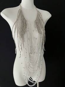 DEKUNER Collier de corps à perles multibrins pour femmes, couleur cristal argent-blanc, style élégant convenant pour les vacances, les occasions décontractées, les fêtes et autres événements - Argent - Voir 2