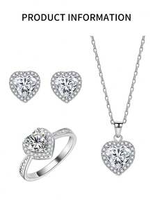 FOREVER QUEEN 一套925纯银时尚经典简约心形6毫米闪亮钻石戒指项链耳环三件套首饰套装，新娘礼物