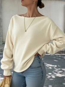 Livesso 女士休闲宽松纯色不对称肩长袖T恤露肩上衣 - 米色 - 查看 3