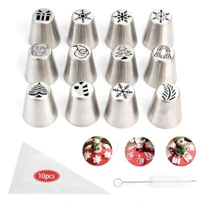 WSXC 23-Piece Christmas Piping Nozzle Set - Holiday Cake Cupcake Cookie Decorating Kit - Stainless Steel Seamless Baking Tools - Includes 12 Nozzles 10 Piping Bags