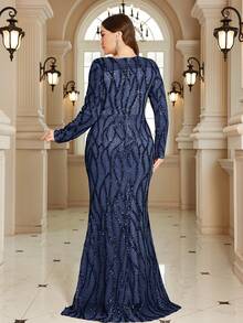 XUIBOL 高品质弹力优雅亮片拼接超修身加大码圆领晚宴约会婚礼派对生日周年纪念家庭鸡尾酒会正式晚宴婚礼宾客单身派对假日夏季秋季V领短袖优雅奢华新娘母亲礼服（重工刺绣） - 藏蓝色 - 查看 4