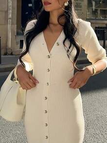 Yuwenier Elegant V-Neckline Long Sleeve Slim-Fit Rib-Knit Gray Long Knit Sweater Dress Button Front Regular Hem Autumn/Winter For Everyday Casual Wear - Apricot - View 7