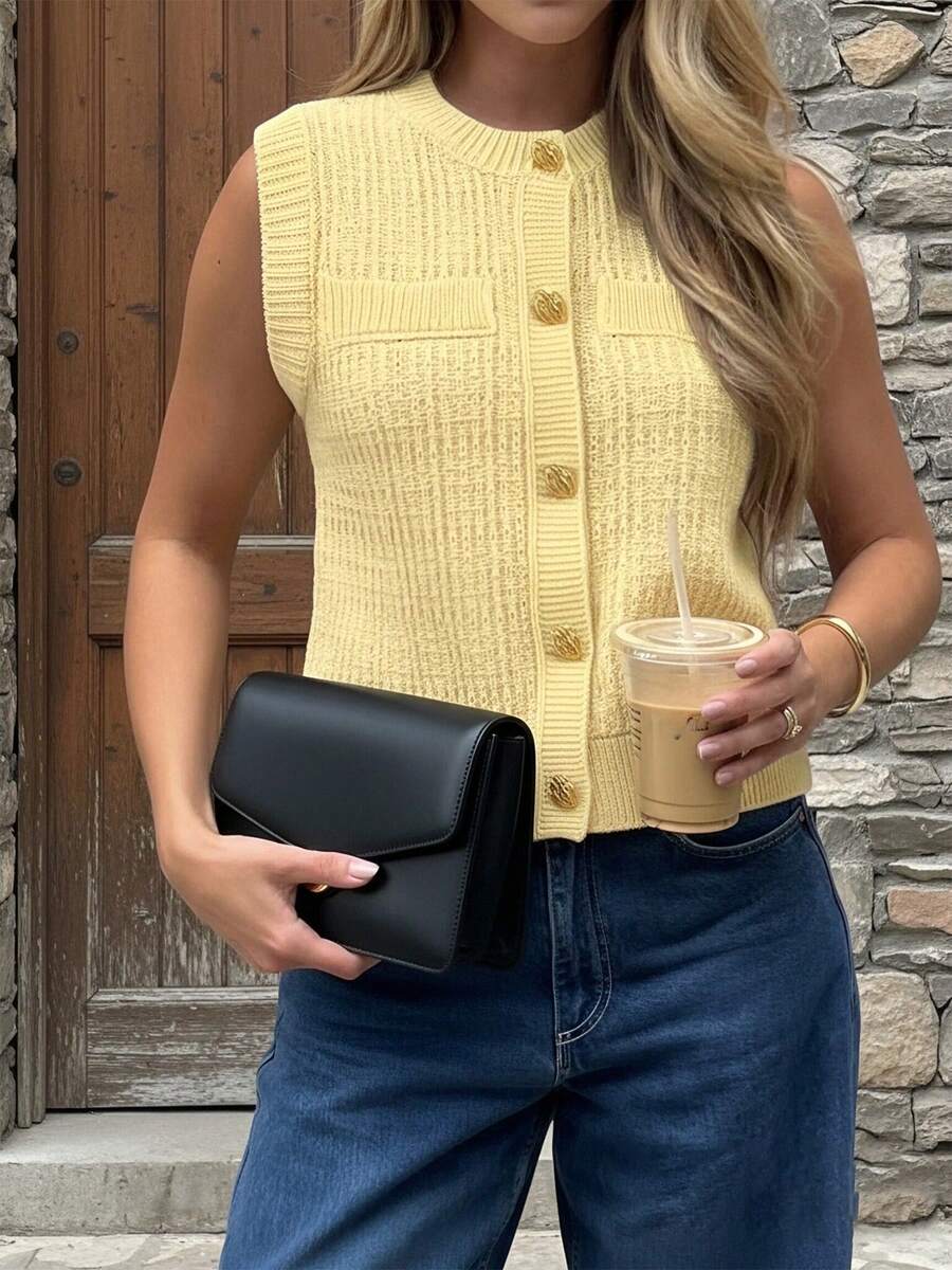 新款女式夏季休闲奶油黄色圆领无袖纽扣针织背心，工作/办公室 - 黃色 - 查看 1