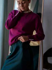 GIGOGOU Áo len nữ cỡ lớn đính hạt ấm áp, áo dệt kim dài tay cơ bản, trang phục thời trang mùa thu. - Màu tím - Xem 4