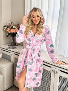 女士冬季睡袍 - 粉色和灰色爱心印花连帽浴袍，长袖，带帽，可调节抽绳腰带，舒适保暖，爱心印花，多种颜色可选，可机洗，节日、新年、情人节的绝佳礼物