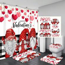 1pc/4pcs Romantic Valentine's Day Themed Shower Curtain Set, Includes Gnome, Heart, "Happy Valentine's Day", Plaid Background, "LOVE" Text Design Shower Curtain, Bath Mat, Toilet Seat Cover, 12 Hooks, Machine Washable, Artistic Design, Suitable For All Seasons, Valentine's Day Shower Curtain, Bathroom Decor - Multicolor - View 2
