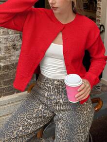 Women Solid Color Front Button Long Sleeve Casual Knitted Cardigan,Long Sleeve Tops - Red - View 2