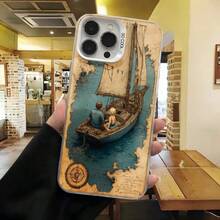 Cubierta de telefono con diseño vintage para iPhone 14 Pro Max color beige con barco antiguo y mapa del tesoro en tonos azules y marrones ideal para amantes de la navegación y aventuras marinas - Negro - Ver 3