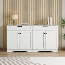 Meuble de Rangement 160x40x85 cm - Buffet de Salon avec 2 Tiroirs - Table d'Appoint au Design Courbé et Poignée Noire - 2 Grands Compartiments Fermés - 7 Espaces de Rangement au Total - Blanc - Voir 4