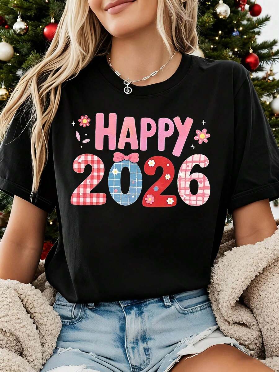 Women's Happy 2026 Number Print Short-Sleeve T-Shirt - 2026 Themed Casual Top With Lettering, Spring/Summer Blouse For Christmas Parties & Family Gatherings, Machine Washable Holiday Attire - 黑色 - 查看 1