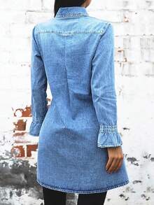 Women's Button Down Denim Dress - Long Sleeve Ruffle Cuff Dress With Chest Pocket, Casual Elegant Style - Medium Wash - View 2