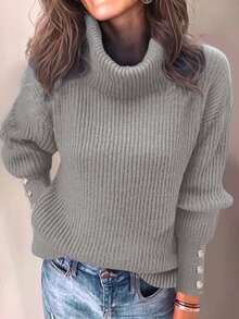 Áo len nữ cổ cao dáng rộng, kiểu dáng thường ngày, chất liệu dệt kim gân, tay dài, màu xám nhạt. - Xám - Xem 2