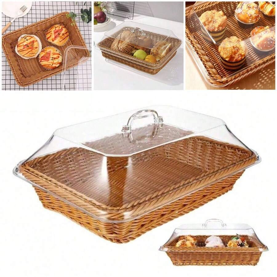 Wicker Bread Basket For Food, Woven Bread Basket, Fruit, Candy, Food, Vegetable And Gift, Decorative Storage Basket, Bread Basket For Home, Kitchen Accessories, Storage Tools, Decorative Food Basket For Kitchen (With Acrylic Lid) - màu nâu - Xem 1