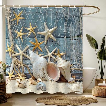 1 pieza Cortina de ducha con diseño de concha y estrella de mar - Diseño de moda, sin necesidad de perforar para colgar, adecuado para todas las estaciones, ideal para la decoración del hogar, cortina de baño; Diseño de dibujos animados; Fácil de colgar, decoración de baño, aplicable para hoteles, moteles, casas de alquiler y uso al aire libre.