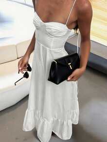 女士新款无袖系带优雅沙滩露肩宽松长裙，波西米亚性感露背休闲A字连衣裙，春夏秋季 - 白色 - 查看 5