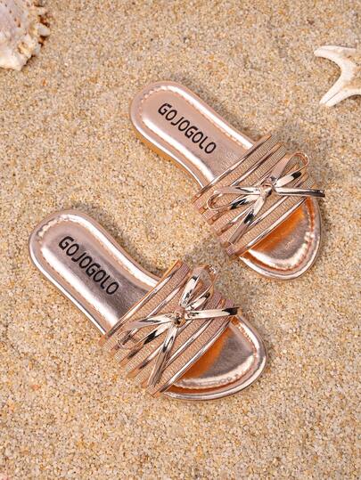 1 Pair Of Girls' Slippers, Featuring A Metallic Bowknot Design, PU Leather Material, Comfortable And Anti-Slip, Open-Toe And Slip-On Style, Flat Heel Style, Light Luxury And Fashionable Slippers, Suitable For Parties, Street Wear, And Daily Home Use