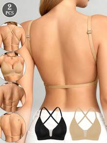 2pcs Seamless Wireless Bras For Women, Bridal Lingerie, 3 Strap Options, Lightweight Support, Comfortable & Breathable - Suitable For Weddings, Formal Occasions, Strapless, Bridal Wear, Autumn/Winter/Spring, Detachable & Adjustable Straps, Thin Double-Layer Mesh Bra, Deep V Back - Multicolor - View 2