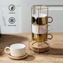 LUKA Taza de café expreso de porcelana con platillos y soporte de metal tazas pequeñas de cerámica de 177 ml apilables para expreso y capuchino juego de tazas para café con leche café café moca - dorado - Ver 4