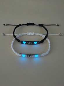 ATLVXJL 2pcs/Set Glow-In-The-Dark Couple/Friendship Stainless Steel Double Heart Pendant Adjustable Rope Bracelet Set, Suitable For Daily Wear And Valentine's Day Gift