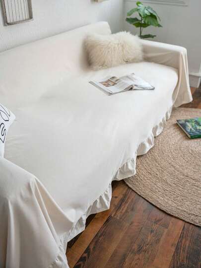 1pc Plain White Ruffled Multifunctional Sofa Cover, Simple Solid Color Anti-Cat Scratch Sofa Protector, Thick & Soft Sofa Slipcover Suitable For 1/2/3/4 Seater Sofa In Living Room & Bedroom, All Season