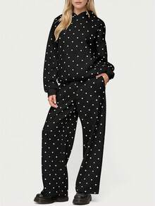 Polka Dot Sweat Set For Women Two Piece Bow Print Tracksuit Long Sleeve Hoodie Wide Leg Sweatpants 2 Piece Outfits - Black - View 1