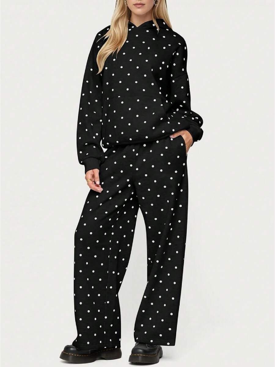 Polka Dot Sweat Set For Women Two Piece Bow Print Tracksuit Long Sleeve Hoodie Wide Leg Sweatpants 2 Piece Outfits - Black - View 1
