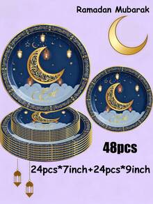 [Ramadan Special Offer]24/48/96/100 Pcs/Set Disposable Cutlery Set, Including 7-Inch Paper Tray, 9-Inch Paper Tray,Supplies For Ramadan Kareem Festival, Eid Mubarak Decorations, Supplies For Islamic And Muslim Meetings, Eid Al-Fitr Decoration, Ramadan Gifts, Ramadan Home Supplies, Kitchen Supplies, Paper Cutlery For The Family Holiday Of Eid - Multicolor - View 12