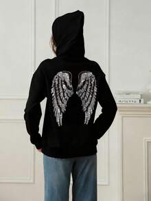 Women's Casual Graphic Print Loose Fit Thermal Lined Hoodie Sweatshirt, Winter - Black - View 2