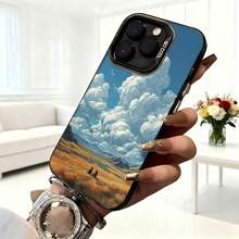 Cubierta de telefono con diseño de paisaje montañoso azul claro con nubes blancas y campo dorado para iPhone 14 Pro Max funda protectora elegante para uso diario en cafeterías y viajes - Blanco - Ver 6
