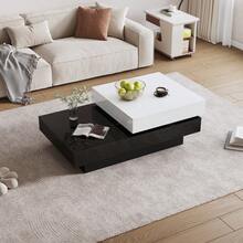 Cylindrical Coffee Table 60 X 60 X 35.1, 360° Rotating Tabletop, Freely Rotating Living Room Table, Three-Tier Sofa Table, 3 Storage Surfaces, Recommended Total Load Capacity Of 30 Kg, Wicker With Storage Space - White+Black + Particle Board - View 11