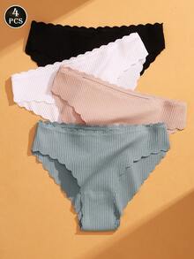 VKME 4 Pieces/Set Solid Color Cotton Scallop Trim Brief - Multicolor - View 1