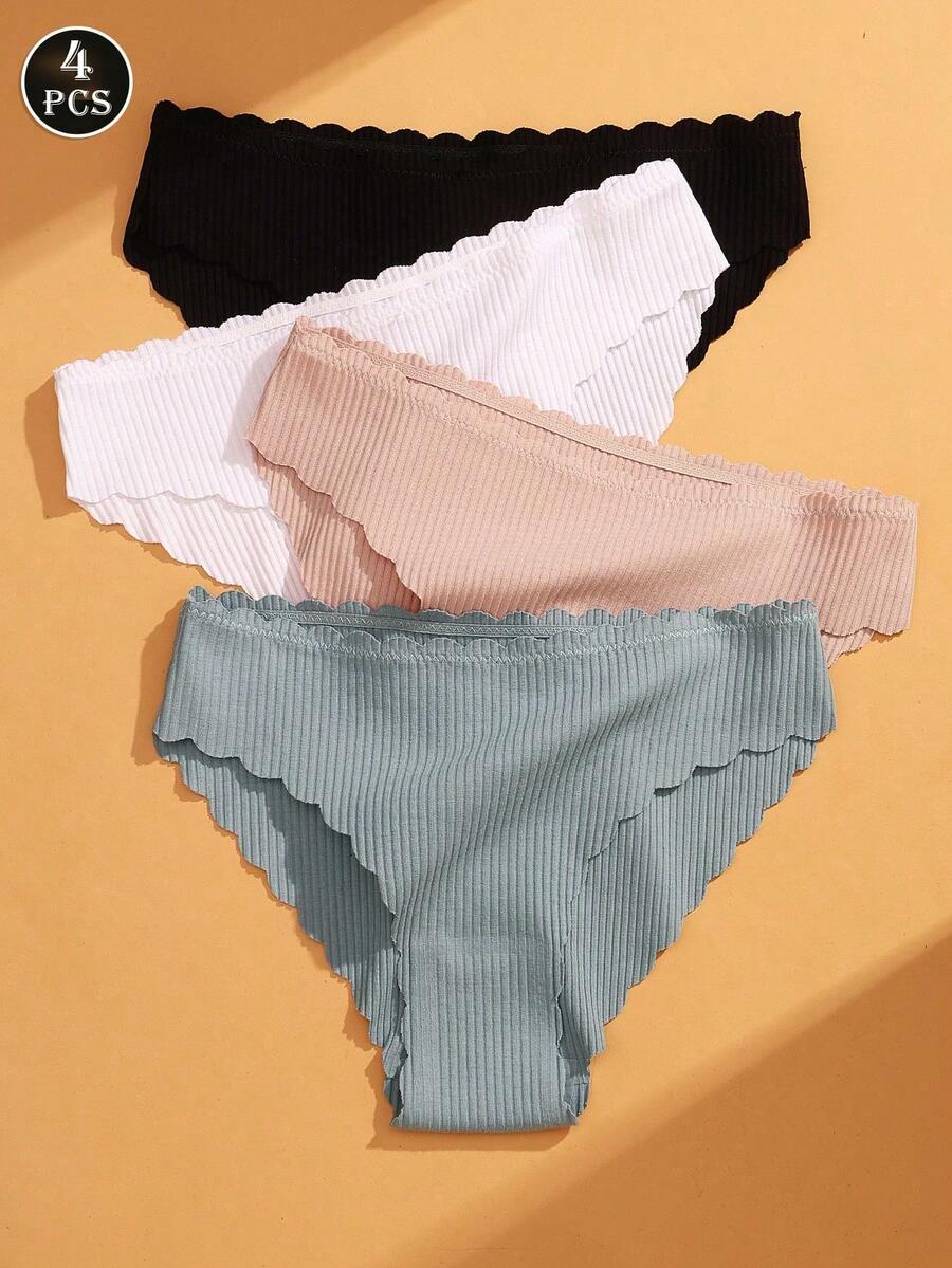 VKME 4 Pieces/Set Solid Color Cotton Scallop Trim Brief - Multicolor - View 1