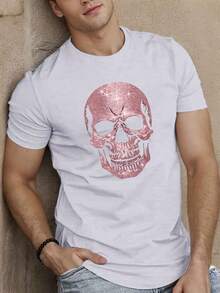 1pc Men's T-Shirt With Glitter Skull - Casual Round Neck, With Geometric Pattern, Regular Fit For Summer - Black - View 1
