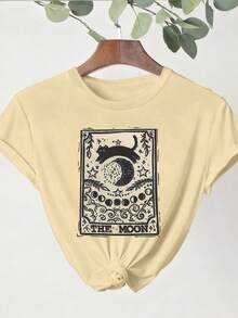 【“月亮”T恤】女士休闲“月亮”图案T恤|短袖圆领月亮星星设计春夏上衣宽松版型月亮主题服饰|星夜设计舒适圆领大码女上衣大码夏装丰满女士宽松T恤夏季上衣时尚上衣女上衣夏季上衣女士T恤衬衫夏季T恤 - 杏色 - 查看 3