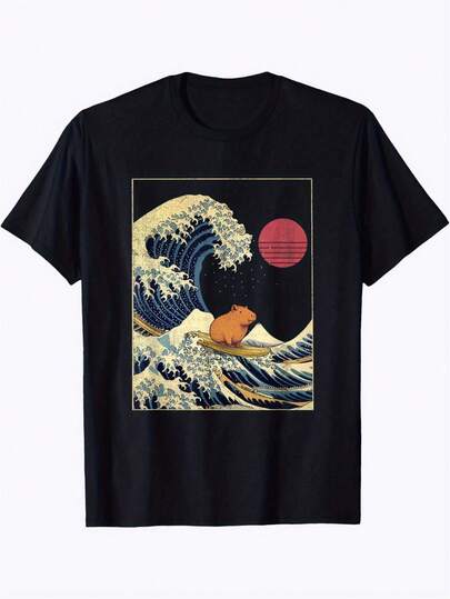 Men's T-Shirt With Funny Capybara Surfing Motif - Japanese Kanagawa Wave In Black, Gold & Red Print Japanese Text - Anime Manga Fans Casual Shirt, Lightweight Breathable Streetwear H-Fit For Spring Summer Autumn Outdoor Clothing